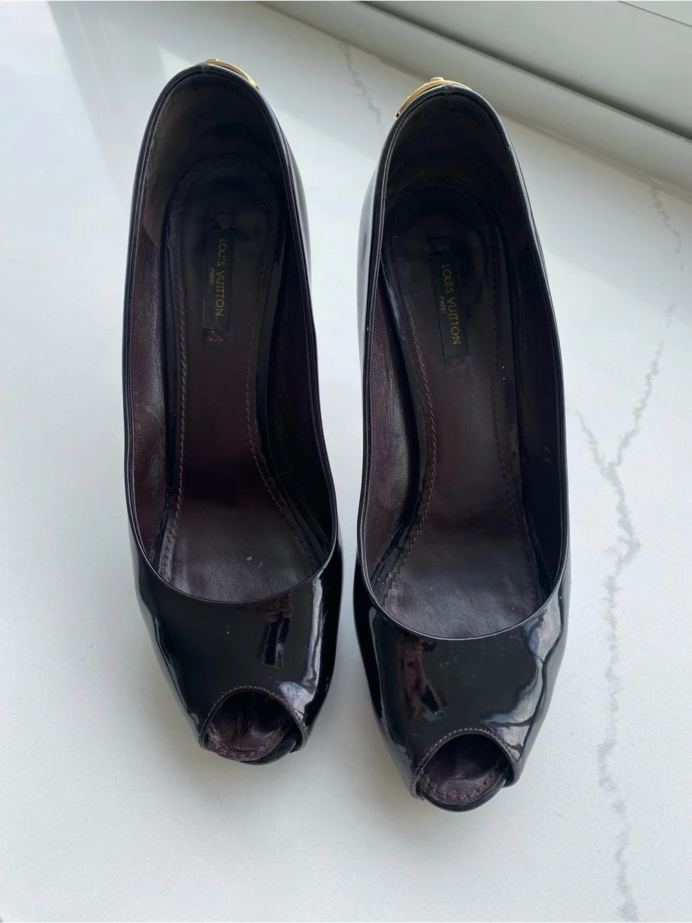Louis Vuitton Black Patent Leather Gold Lock Stiletto Heels